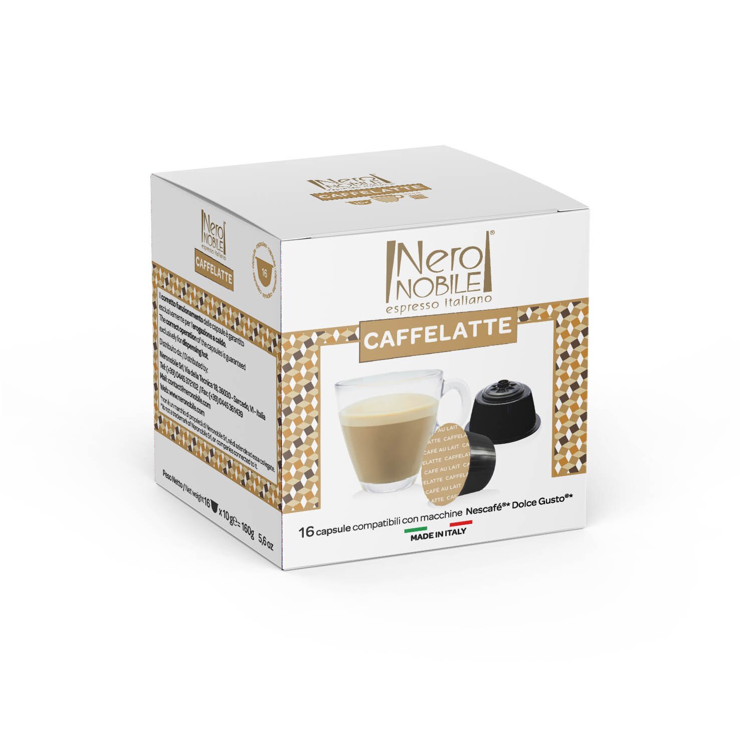 Capsule Caffe Latte Decafeinizat Nero Nobile, 16 bucati Compatibile Dolce Gusto, 160 g