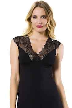 Özkan - Női elasztikus pamut ujjatlan csipke pántú trikó,fekete,XL