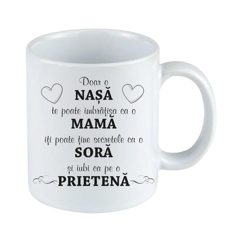 Cana personalizata, ceramica, alba, pentru nasa, cod1912