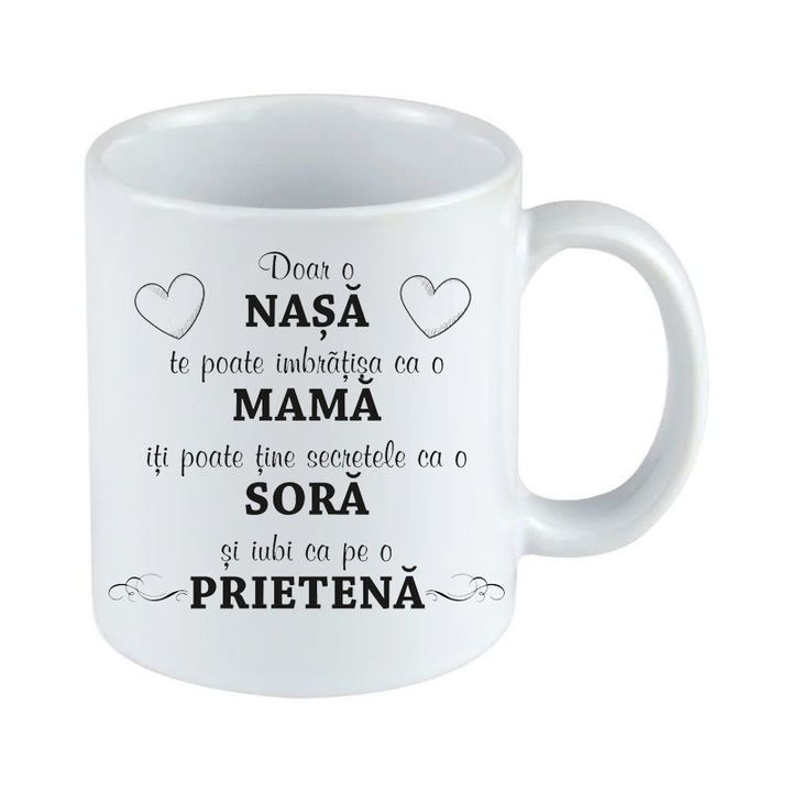 Cana personalizata, ceramica, alba, pentru nasa, cod1912