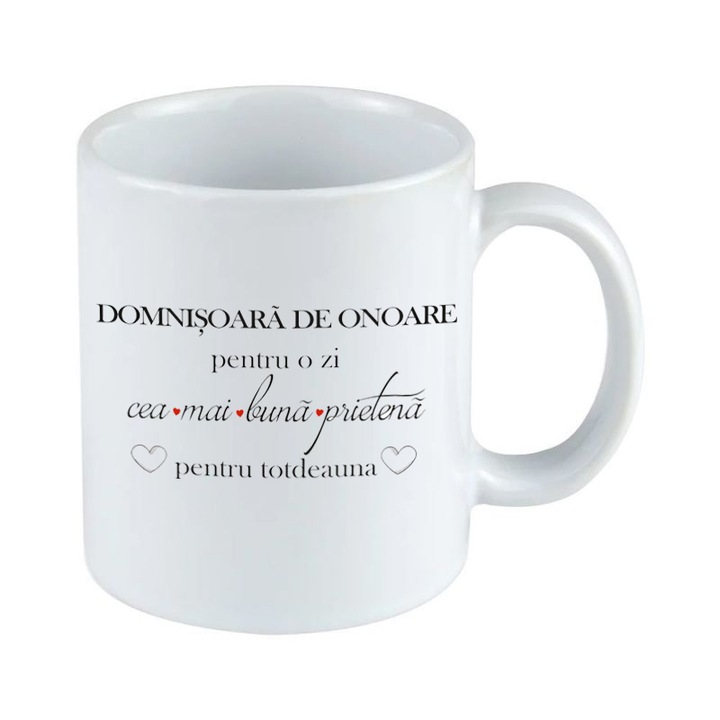 Cubika Egyedi bögre, kerámia, "Domnisoara de onoare pentru o zi" modell, román felirattal, fehér