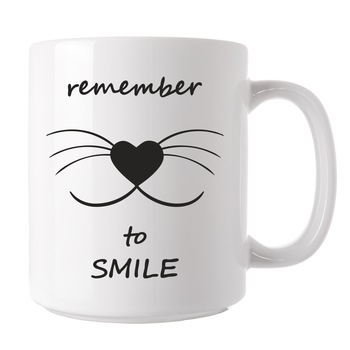 Cana personalizata, Ceramica, cu mesaj motivational, remember to smile, pentru cafea, ceai sau cadou, pentru ea si el, Alba, 325 ml Cana personalizata, Ceramica, cu mesaj motivational, remember to smile, pentru cafea, ceai sau cadou, pentru ea si el, Alba, 325 ml