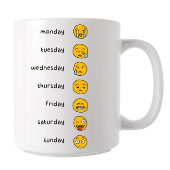Cana personalizata, Ceramica, cu mesaj motivational, emoji zilele saptamanii , pentru cafea, ceai sau cadou, pentru ea si el, Alba, 300 ml Cana personalizata, Ceramica, cu mesaj motivational, emoji zilele saptamanii , pentru cafea, ceai sau cadou, pentru ea si el, Alba, 300 ml