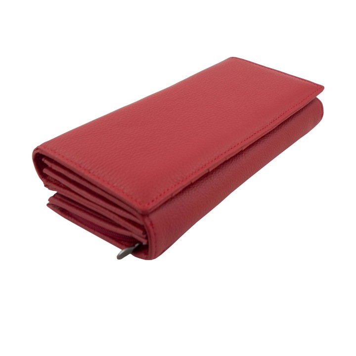 Portofel de dama, Tita, din piele naturala, 19 x 10 x 3.5 cm, Rosu cu compartimente multiple- PR224