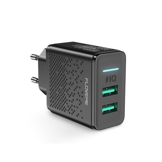 Incarcator telefon retea dublu USB, incarcare rapida 2.4A, negru, universal, original FLoveme, material ABS si PC