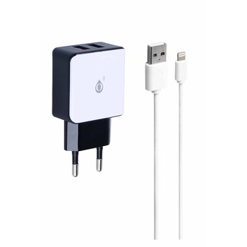 Incarcator retea Iphone , Lightning, 2.1A, incarcator priza si cablu Alb cu negru Incarcator retea Iphone , Lightning, 2.1A, incarcator priza si cablu Alb cu negru
