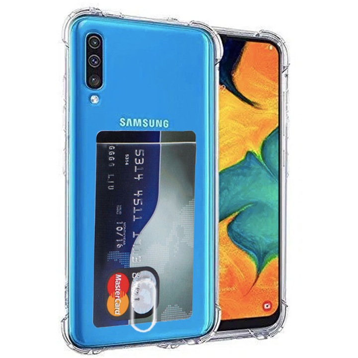 Husa Card Holder, Shockproof, Silicon High Tech, Compatibil cu Samsung Galaxy A70, Crystal Clear