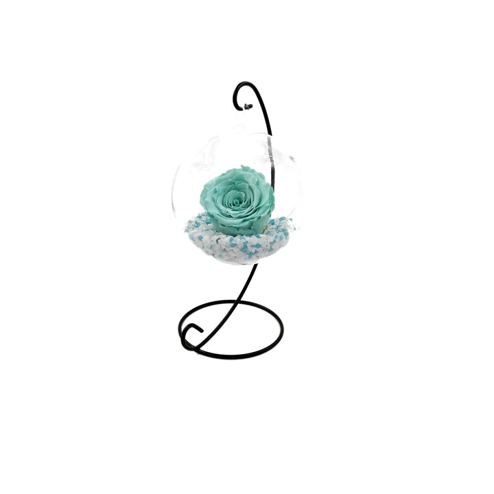 Trandafir Criogenat Turquoise Aquamarine, pe pat de pietricele, in bol de sticla cu bula, pe picior metalic