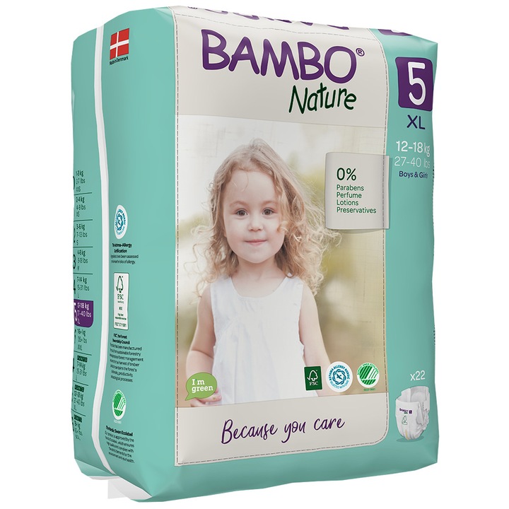 Scutece Ecologice Bambo Nature, marime 5, 12-18 kg, 22 bucati