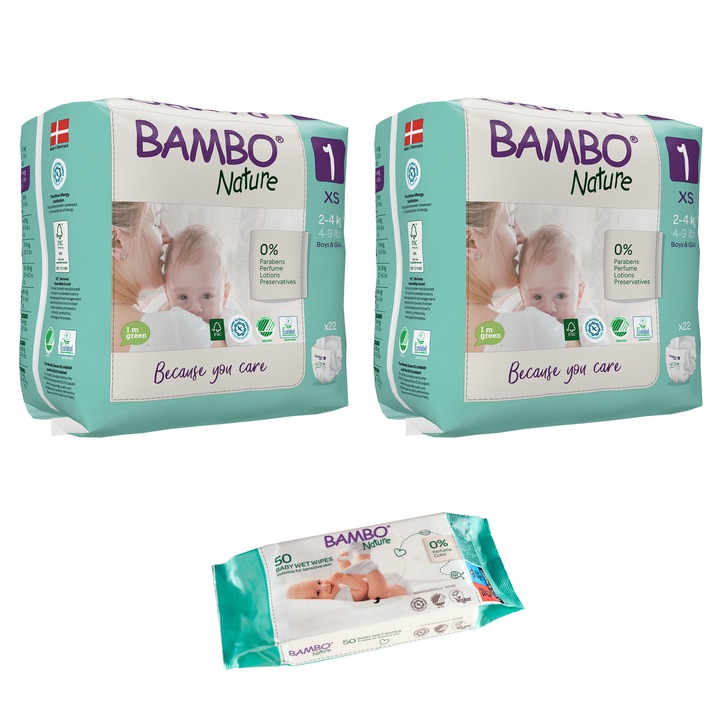 Set 2 pachete scutece Ecologice Bambo Nature Nr. 1 (2-4 kg), 44 bucati + cadou servetele umede BAMBO Nature, 50 buc