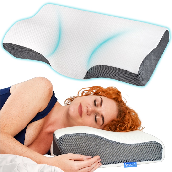 Perna cu suport pentru gat din spuma cu memorie Suporto®️ 60 x 34 x 11/7 cm cu perforatii