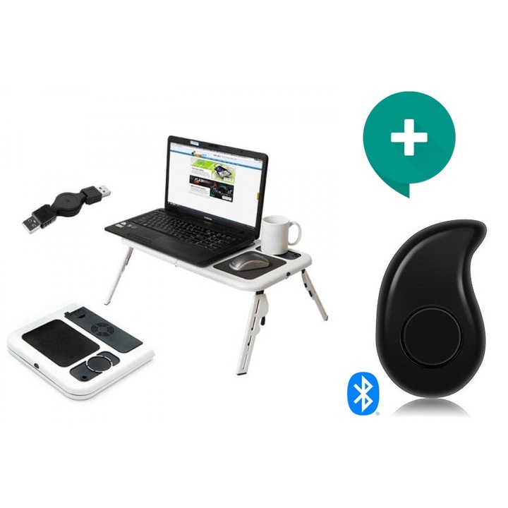 Комплект Охладител маса за лаптоп с регулиращи крачета,2 вентилатора, E-Table, Черно/бял + Мини хендсфри слушалка S530 Черна