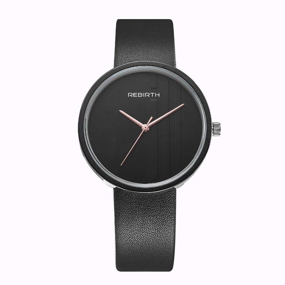 Ceas unisex casual, Elegant Quartz Rebirth model Premium Q9 negru, curea piele, afisaj analog