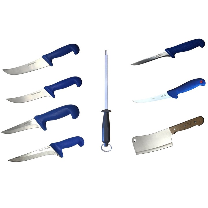 Pachet Profesional pentru Macelarie Butcher-8PCS, 6 Cutite + Satar + Masat pentru Ascutit