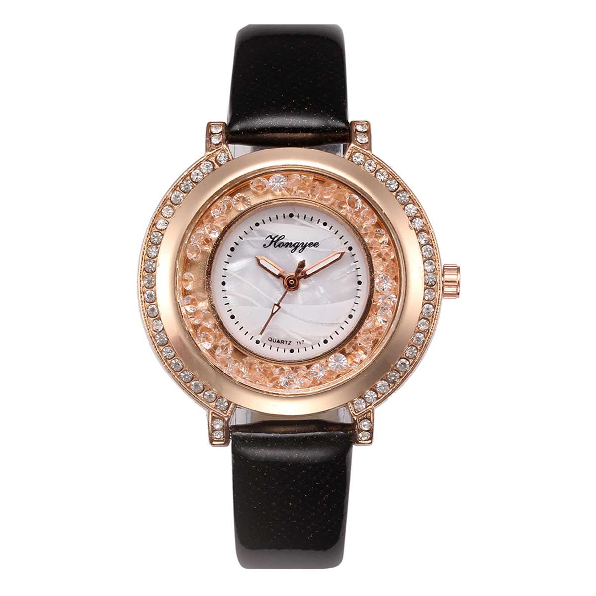 Ceas Hongyee Dama Quartz Casual Elegant Negru, PN999272NU, curea din piele, afisaj Analog