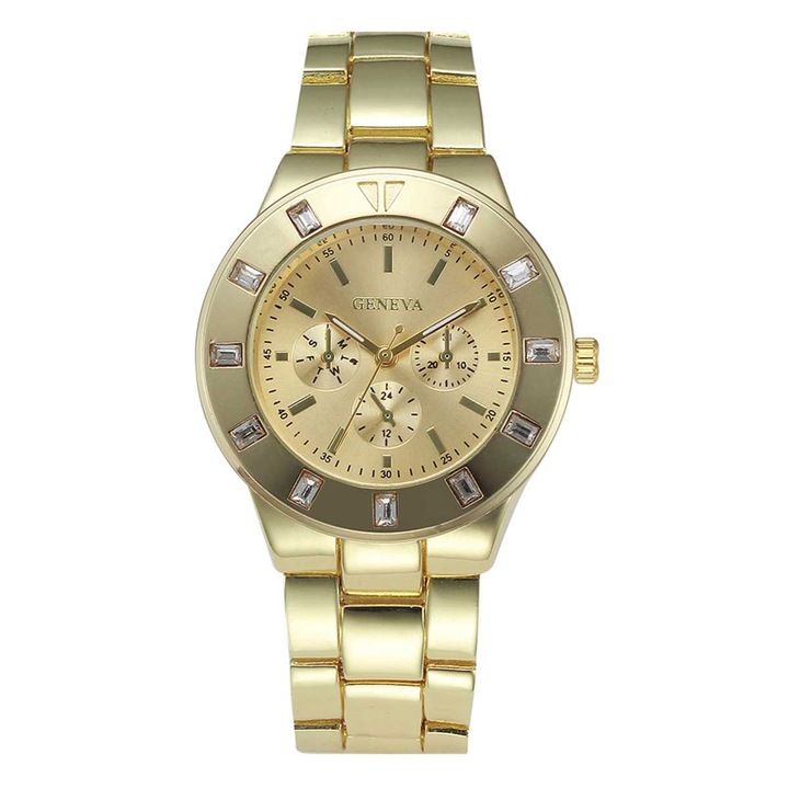 Ceas Geneva Dama Quartz Casual Elegant Auriu, PN999742GD, curea din metal (zale), afisaj Analog