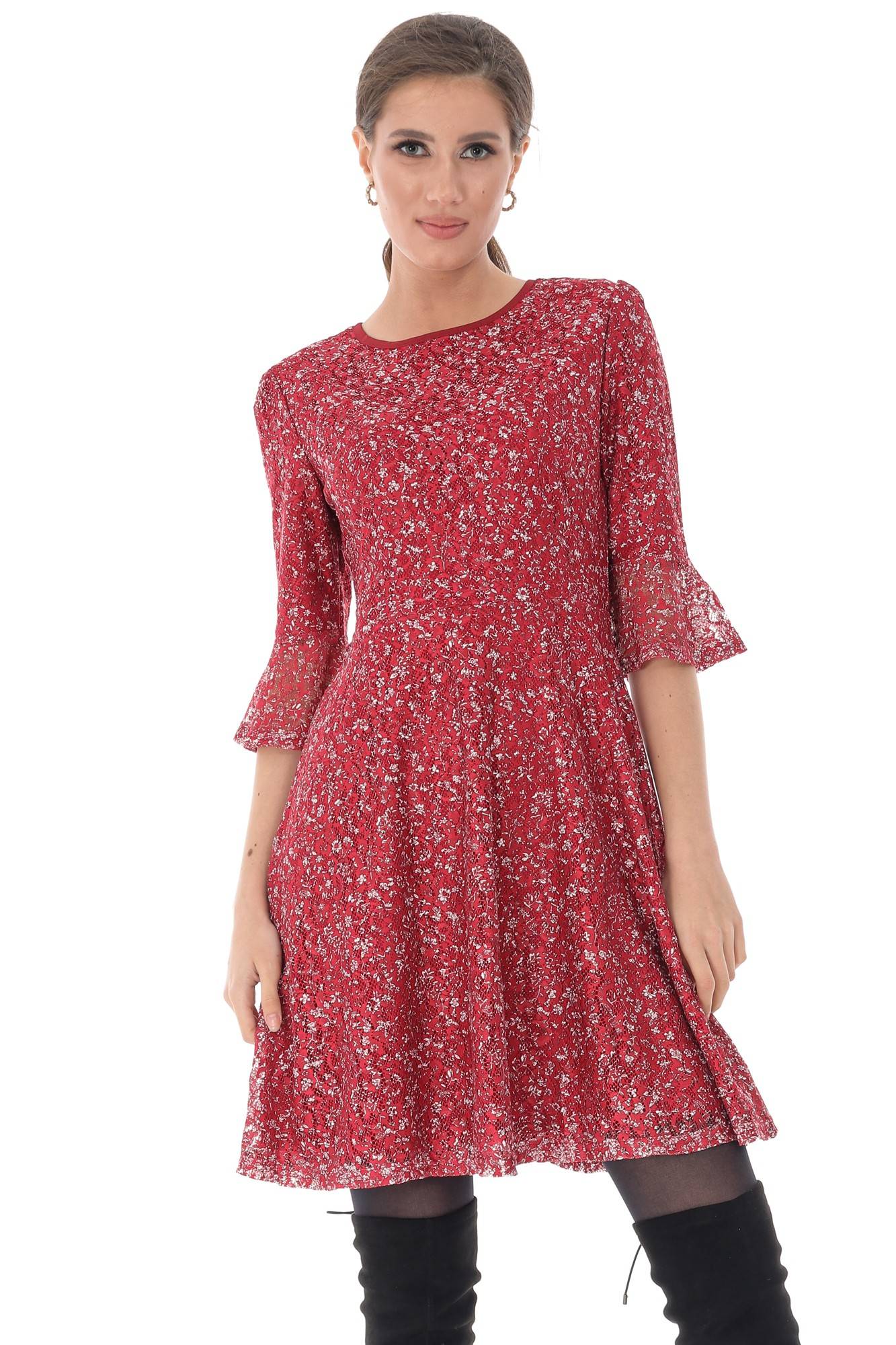 Rochie rosie, ROH, cu imprimeu floral alb