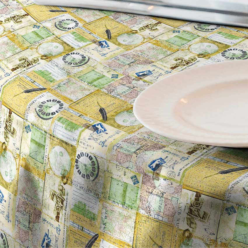 Fata de masa impermeabila, Casa de bumbac, Globe, diametru 140 cm, vintage, verde si bej