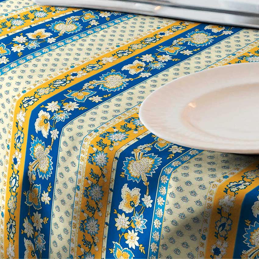 Fata de masa impermeabila, Casa de bumbac, Valerie, diametru 140 cm, vintage, albastru si galben