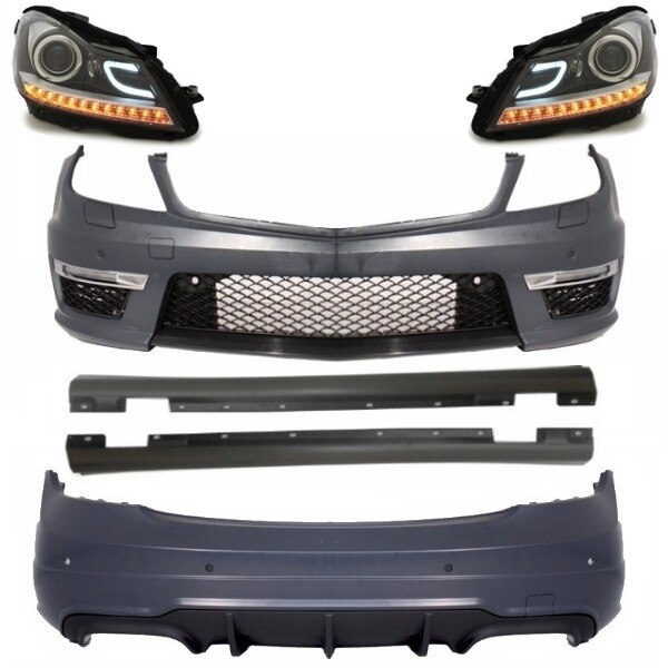 Pachet exterior compatibil cu MERCEDES C-class W204 Facelift C63 Design cu Faruri DRL negru