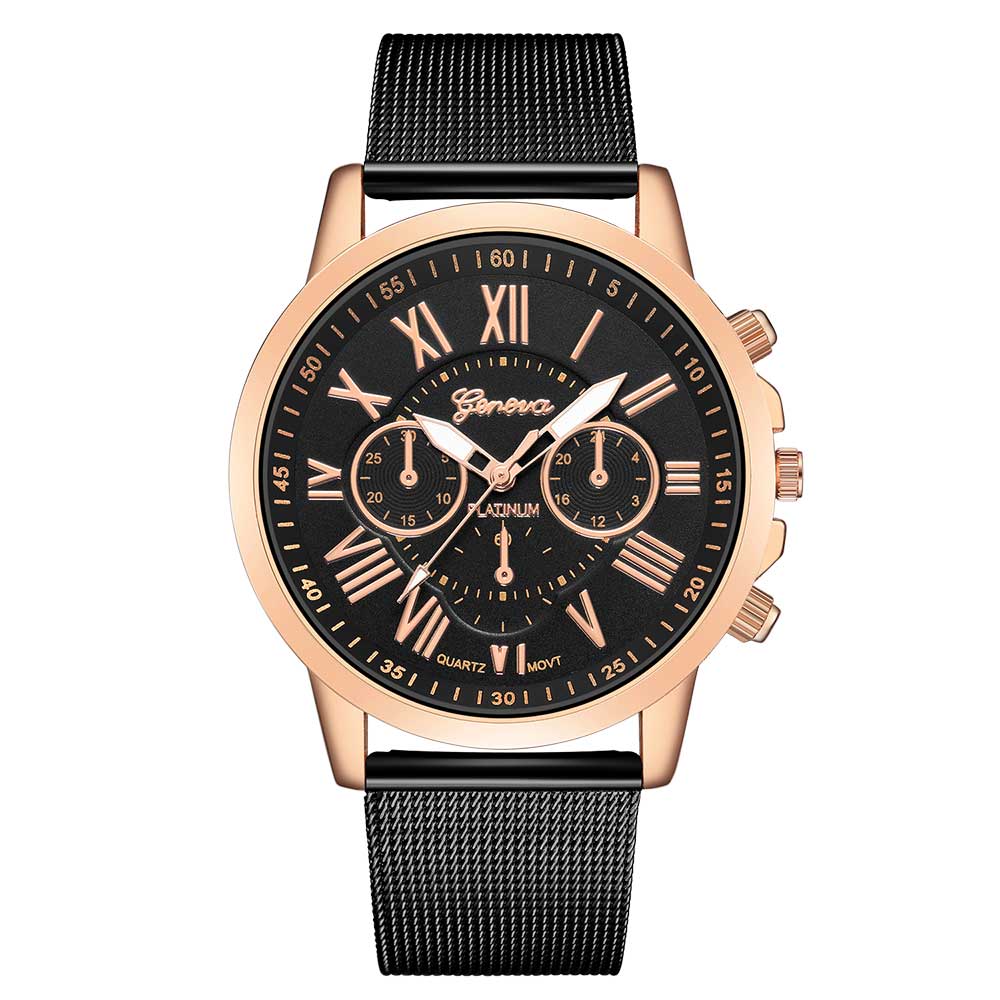 Ceas Geneva Unisex Quartz Casual Elegant Negru/rose, PN999437NRE, curea din metal (mesh), afisaj Analog