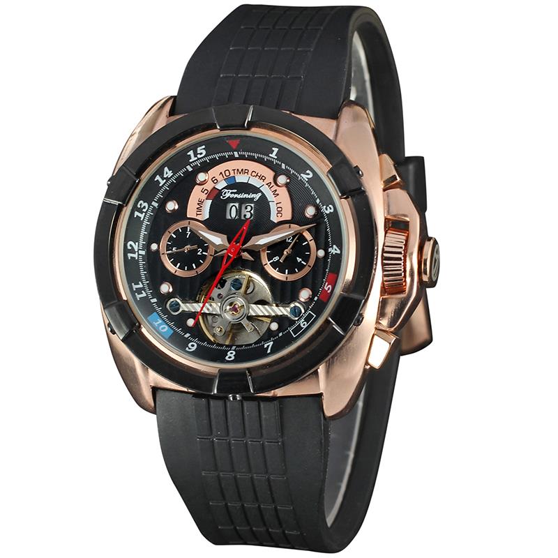 Ceas Forsining Barbatesc Automatic Casual Elegant Negru, PN999251NU, curea din silicon, afisaj Analog