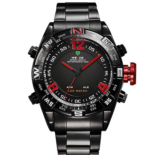 Ceas WEiDE Barbatesc Quartz Sport Rosu, PN999424RU, curea din metal (zale), afisaj Hibrid