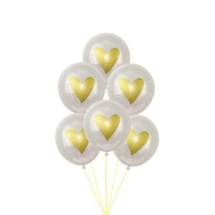 10 db-os latex lufi készlet - fehér, arany szívvel