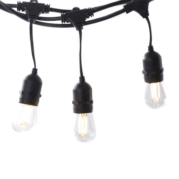 Ghirlanda Luminoasa 5m cu 10 Becuri cu LED, E27, 4W, Cablu cu Pendul Negru, Lumina Calda, Conectabila 125m, de Exterior