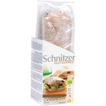 Bagheta Ciabatta fara gluten cu faina de porumb si masline ECO 360 g (2 x 180 g) - Schnitzer Bagheta Ciabatta fara gluten cu faina de porumb si masline ECO 360 g (2 x 180 g) - Schnitzer