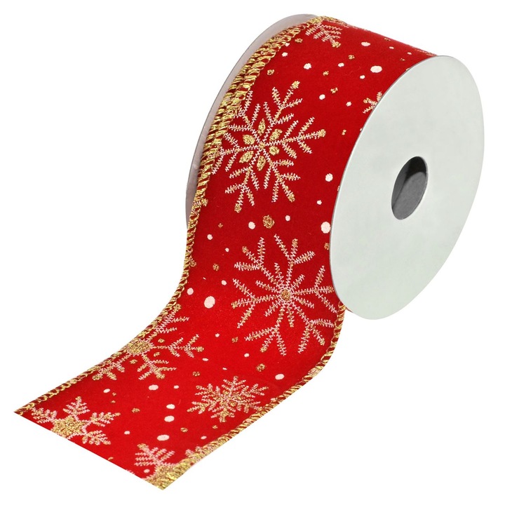 Panglica decorativa, model catifea cu fulgi de nea, 63mm x 5m, rosu