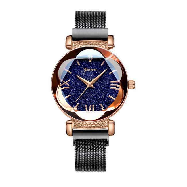 Ceas Geneva Dama Quartz Casual Elegant Negru, PN999560NU, curea din metal (mesh), afisaj Analog
