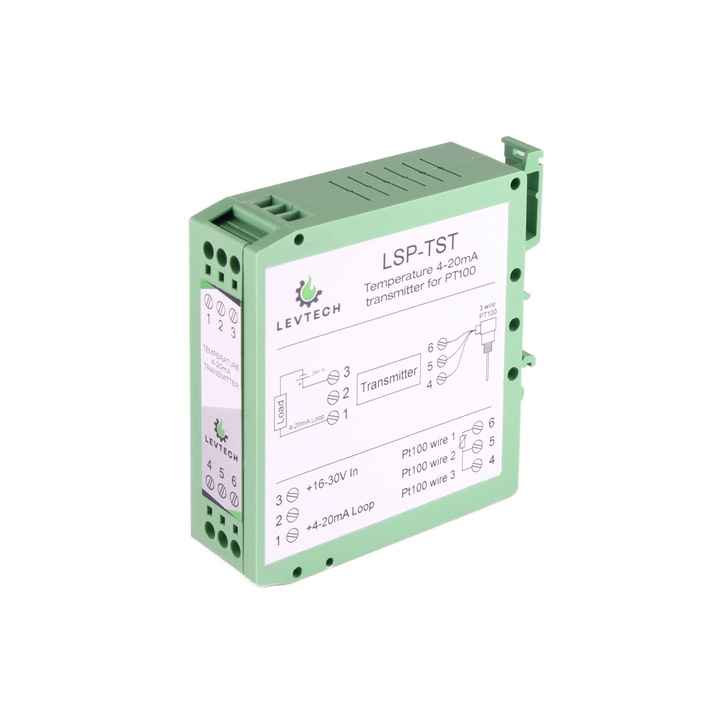 Transmitator de temperatura - Levtech - 2-10V - Pentru Pt1000 sau Pt100 - Precizie de +/-0.1% - Verde