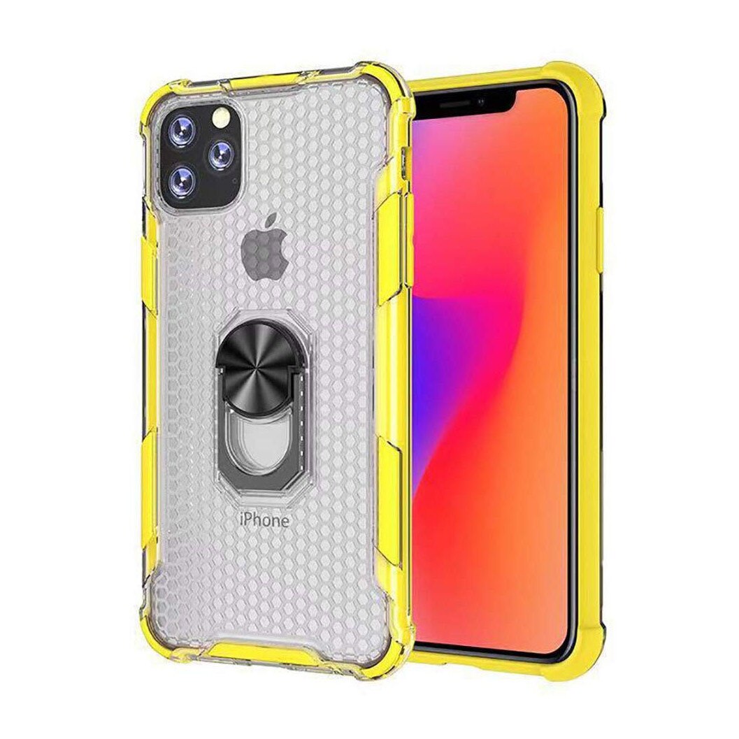 Husa IPhone 11 PRO, Hybrid Antisoc, carcasa cu bumper, inel rotativ 360 si Kickstand, Galben
