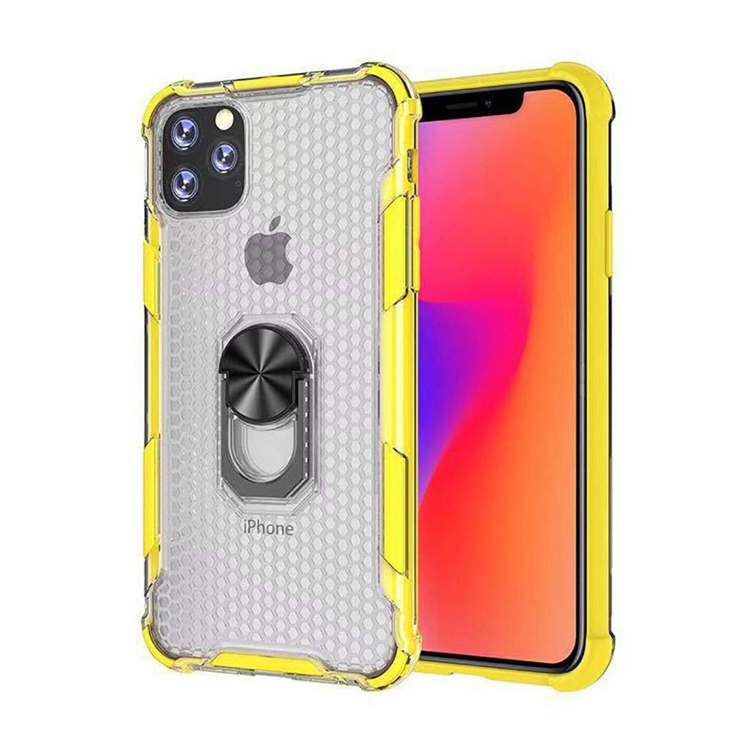 Husa IPhone 11, Hybrid Antisoc, carcasa cu bumper, inel rotativ 360 si Kickstand, Galben