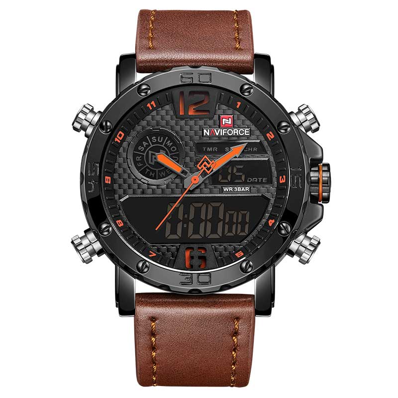 Ceas NAVIFORCE Barbatesc Quartz Casual Elegant Orange, PN999705OE, curea din piele, afisaj Hibrid