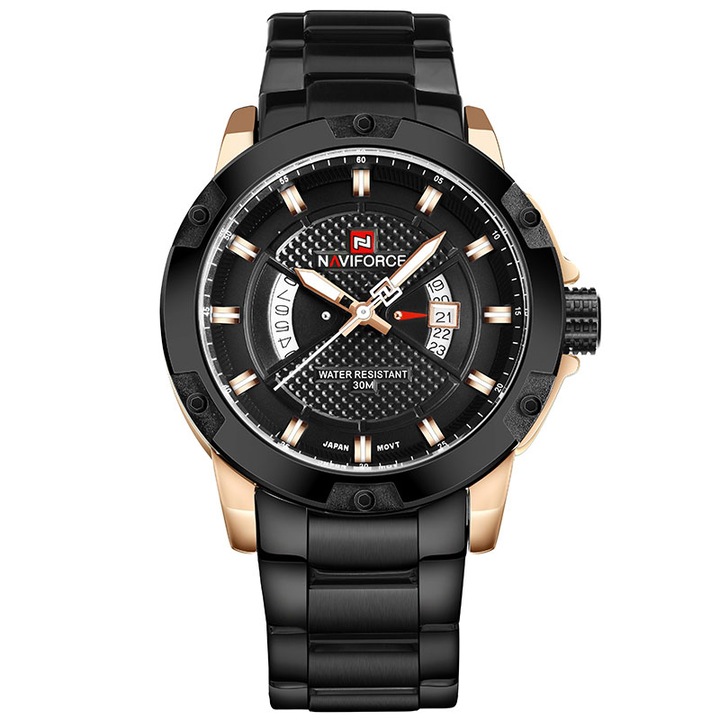 Ceas NAVIFORCE Barbatesc Quartz Casual Elegant Negru/rose, PN999706NRE, curea din metal (zale), afisaj Analog