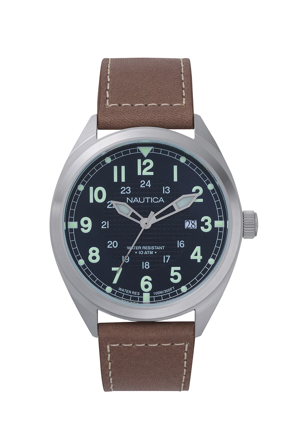 Nautica, Ceas cu o curea de piele Battery Park, 44 mm, Maro taupe