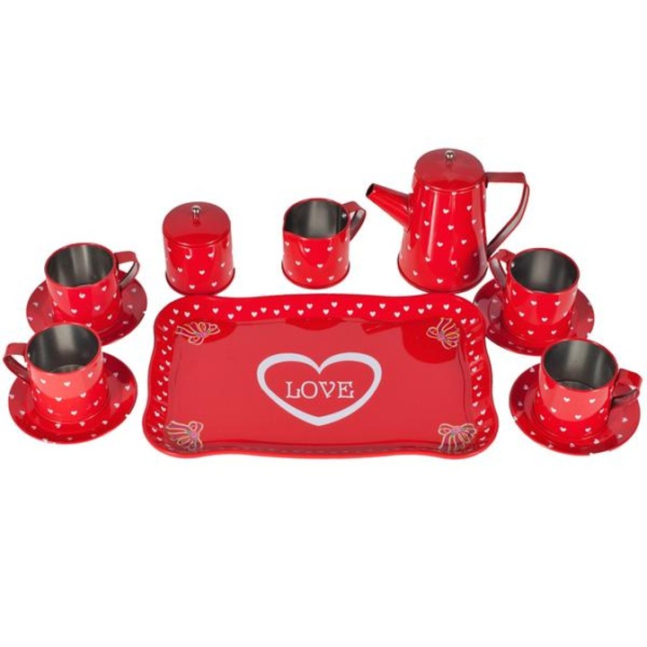 Set de joaca pentru copii MalPlay , Set ceainic din metal,rosu cu inimioare,12 piese
