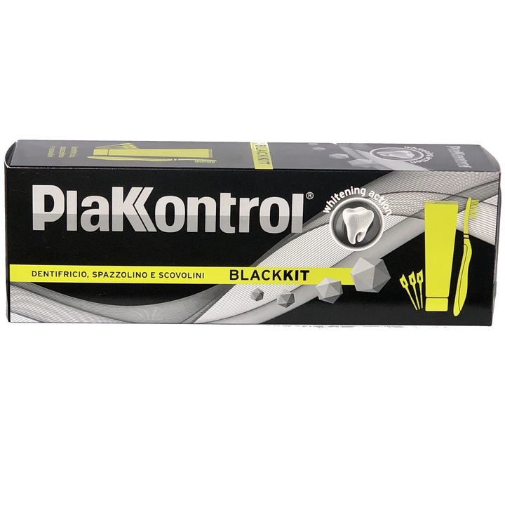 Kit albire naturala dinti carbune activ PlakKontrol, 1 pasta de dinti 75ml, 1 periuta de dinti, 40 Periute interdentare