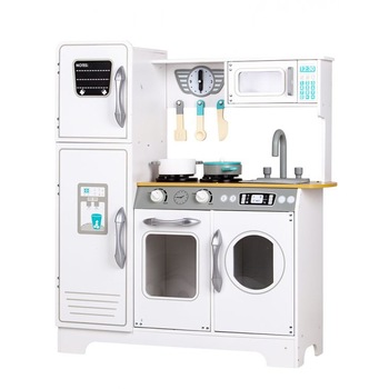 Bucatarie din Lemn pentru Copii, EcoToys, cu Aragaz, Frigider, Cuptor cu Microunde, Masina de spalat, Chiuveta si Accesorii pentru Gatit, Gri/Alb Bucatarie din Lemn pentru Copii, EcoToys, cu Aragaz, Frigider, Cuptor cu Microunde, Masina de spalat, Chiuveta si Accesorii pentru Gatit, Gri/Alb