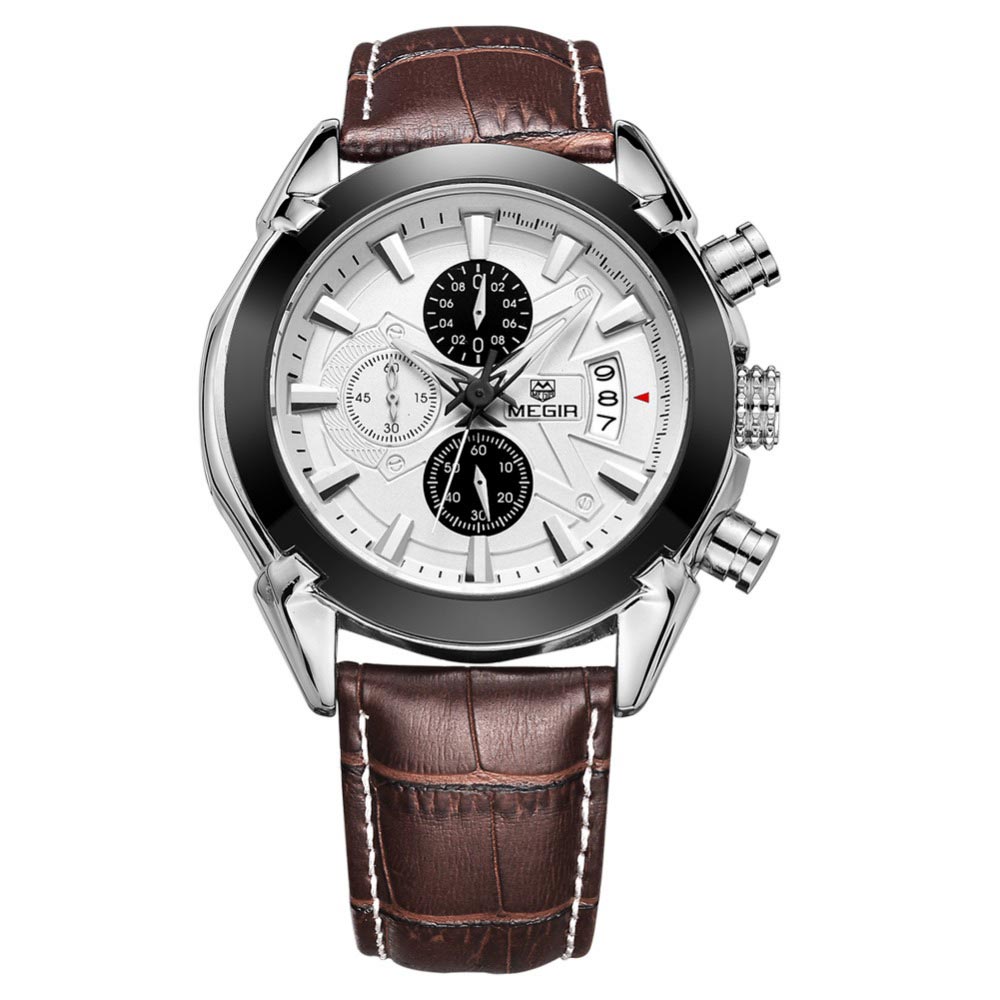 Ceas MEGIR Barbatesc Quartz Casual Elegant Alb, PN999815AB, curea din piele, afisaj Analog