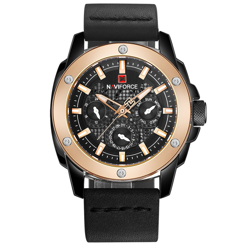 Ceas NAVIFORCE Unisex Quartz Casual Elegant Negru/rose, PN999711NRE, curea din piele, afisaj Analog