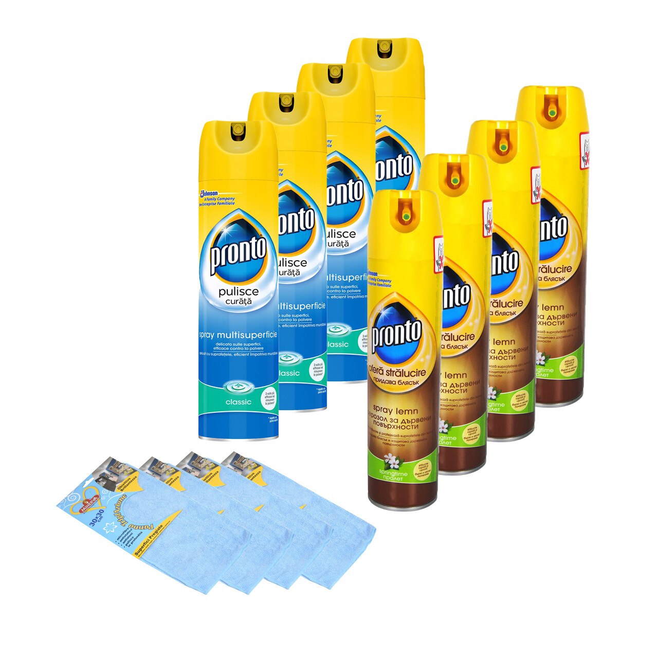 Pachet - 4 xPronto spray lemn, 300 ml + 4 xPronto Classic Spray multisuprafete, 300 ml + 4 xLaveta Microfibra