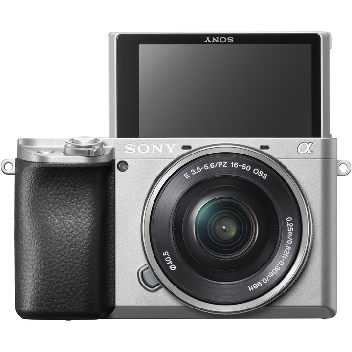 Aparat foto Mirrorless Sony Alpha A6100, 24.2MP, 4K, Silver + Obiectiv 16-50mm