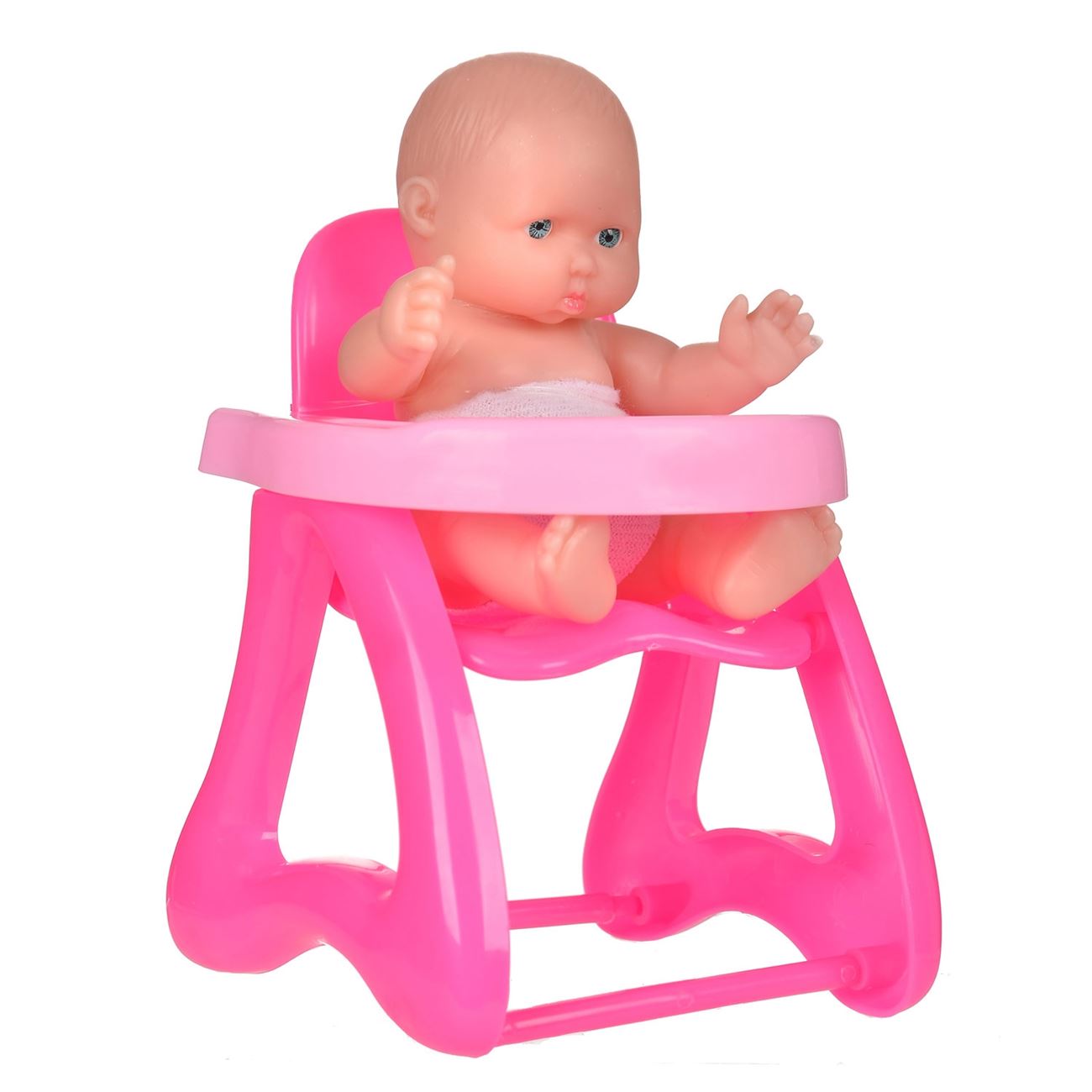 Papusa bebelus realista,cu scaun de mancare si scutec roz,dimensiune 11.5x10x15 centimetri