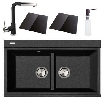 Set Complet Chiuveta bucatarie granit dubla cu 2 cuve CookingAid Kinga LX8620 860*510*235mm Neagra / Black Metal quartz + Ventil Invizibil + Baterie CookingAid Arizona + 2 Tocatoare sticla Temperizata Neagra + Dozator Sapun Negru + accesorii montaj Set Complet Chiuveta bucatarie granit dubla cu 2 cuve CookingAid Kinga LX8620 860*510*235mm Neagra / Black Metal quartz + Ventil Invizibil + Baterie CookingAid Arizona + 2 Tocatoare sticla Temperizata Neagra + Dozator Sapun Negru + accesorii montaj