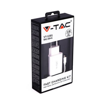 Kit de incarcare fast charging cu Adaptor de Calatorie si Cablu Micro USB, V-TAC, Alb Kit de incarcare fast charging cu Adaptor de Calatorie si Cablu Micro USB, V-TAC, Alb