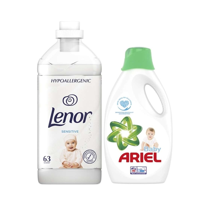 Ariel Baby Folyékony mosószer szett, 1,1 l, 20 mosás, Lenor Sensitive Mosodai kondicionáló, 1,9 l, 63 mosás