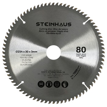 Disc de taiere lemn cu 80 dinti Steinhaus PRO-BL81, 254x30x3mm, pentru debitor PRO-MS21 Disc de taiere lemn cu 80 dinti Steinhaus PRO-BL81, 254x30x3mm, pentru debitor PRO-MS21